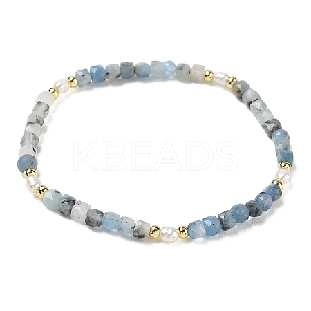Natural Aquamarine Cube Beads Stretch Bracelets for Women BJEW-JB13176-02-1