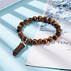 Natural Tiger Eye Round Beaded Stretch Bracelet with Bullet Shape Charm BJEW-JB08310-02-2