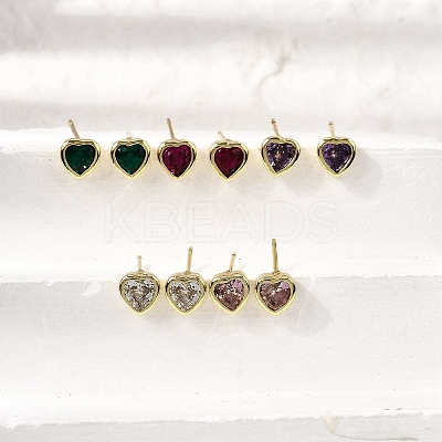 Brass Cubic Zirconia Heart Stud Earrings EJEW-L261-030G-1