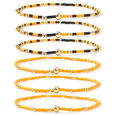 6Pcs Handmade Glass Seed Bead & Brass Beads Stretch Bracelets XZ6120-5-1
