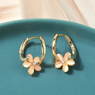 Flower Brass Micro Pave Clear Cubic Zirconia Hoop Earrings EJEW-Z152-01G-1
