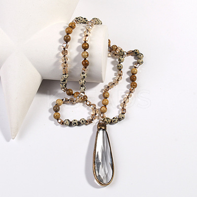 Bohemian Style Teardrop Glass Pendant Natural Dalmatian Jasper & Picture Jasper Round Beaded Long Necklaces for Women FS-WG767EC-03-1