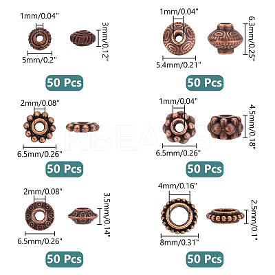 300Pcs 6 Styles Tibetan Style Alloy Spacer Beads TIBEB-PH0004-98-1