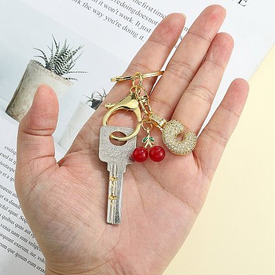 Brass Micro Pave Clear Cubic Zirconia Letter Pendant Keychain KEYC-SW00015-C-1