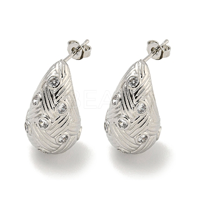 Teardrop Texture Brass Micro Pave Cubic Zirconia Stud Earrings for Women EJEW-E312-08P-1
