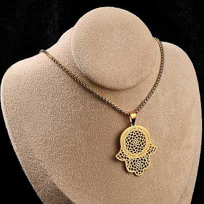 201 Stainless Steel Hollow Religion Hamsa Hand Pendant Necklaces LS-NJEW-M086-01G-1