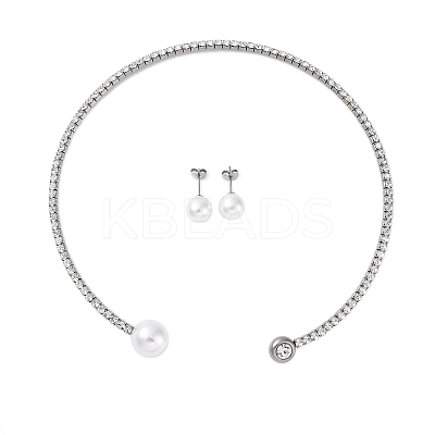 Round Plastic Imitation Pearl Stud Earrings & Cubic Zirconia Rhinestone Cuff Choker Necklaces Sets SJEW-U003-07P-1