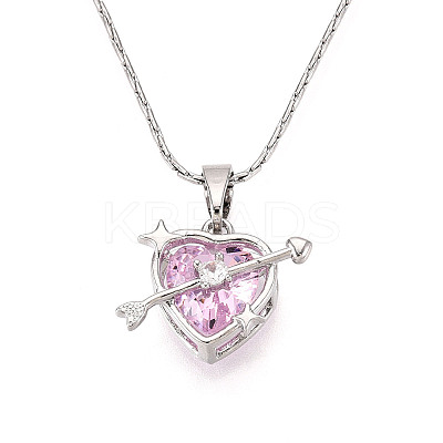 304 Stainless Steel Brass Cubic Zirconia Heart with Arrow Pendant 304 Stainless Steel Chain Necklaces NJEW-T018-07P-1
