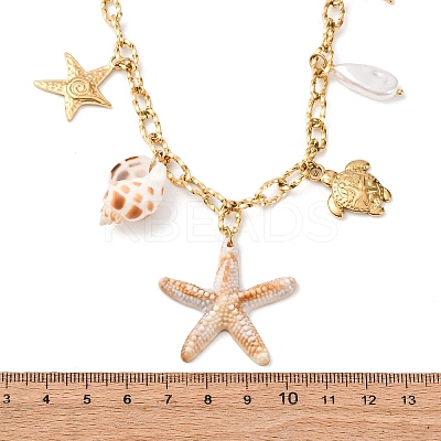 Acrylic Starfish & Natural Shell & Imitation Pearl Pendant 304 Stainless Steel Cable Chain Necklaces for Women NJEW-Z095-02G-1