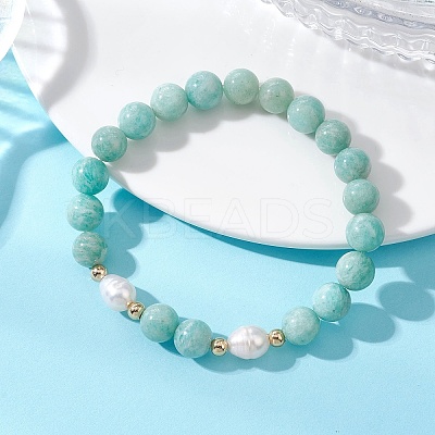 Natural Amazonite & Cultured Freshwater Pearl Beaded Stretch Bracelets for Women BJEW-JB13376-1