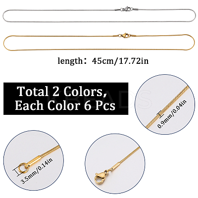 12Pcs 2 Colors 304 Stainless Steel Round Snake Chain Necklaces Set NJEW-SC0001-19-1