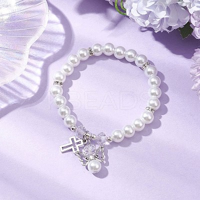 Alloy & Pearlized Glass Pearl Beads Stretch Bracelets for Women BJEW-JB11364-01-1