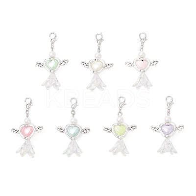 Acrylic Imitation Pearl Flower Heart Angel with Alloy Wings Pendant Decorations HJEW-JM03984-1