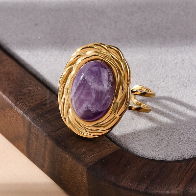 Oval Natural Amethyst Finger Rings RJEW-M063-01G-16-1