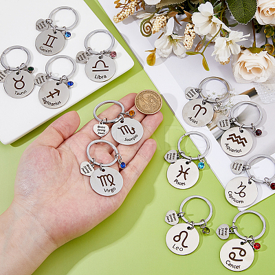 12Pcs 12 Styles Stainless Steel with Rhinestone Keychain KEYC-FH0001-68-1