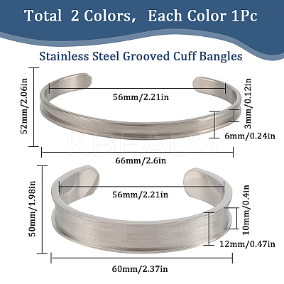2Pcs 2 Styles C-Shaped 201 Stainless Steel Grooved Cuff Bangles STAS-SC0008-02-1