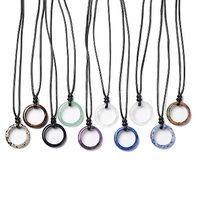Natural Mixed Stone Ring Pendant Necklace with Waxed Cords NJEW-R262-01A-1