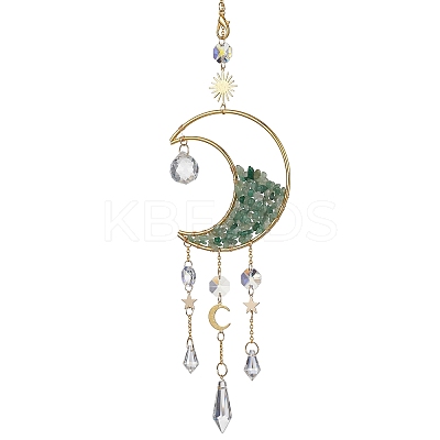 Wire Wrapped Natural Green Aventurine Chip & Brass Moon Pendant Decorations HJEW-JM01504-05-1