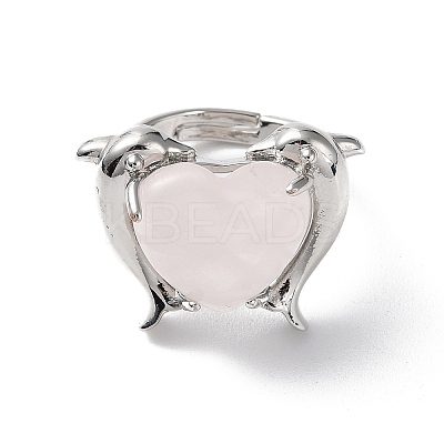 Natural Rose Quartz Dolphin & Heart Adjustable Rings RJEW-K241-02P-01-1