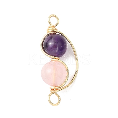 Copper Wire Wrapped Natural Rose Quartz & Amethyst Round Beded Links Connector Charms PALLOY-JF04678-03-1