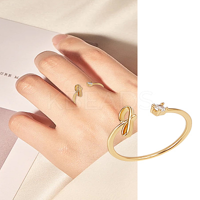 1Pc Letter Brass Rhinestone Open Cuff Rings for Women AJEW-LP0004-47G-G-1