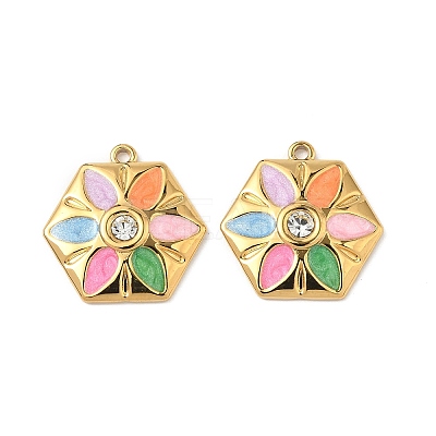 304 Stainless Steel Enamel Rhinestone Flower Pendants STAS-U057-04G-02B-1