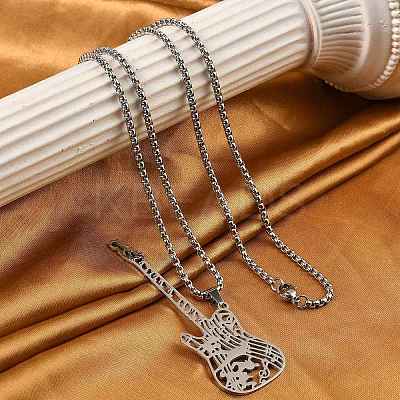 201 Stainless Steel Hollow Guitar Pendant Box Chain Necklaces LS-NJEW-M086-03P-1