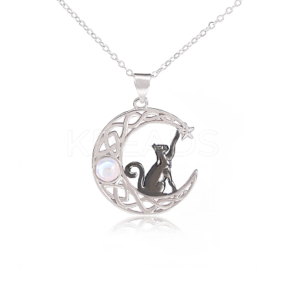 Black Cat Moonstone Brass Necklace Black Cat on the Moon Pendant Necklaces JN1112A-1