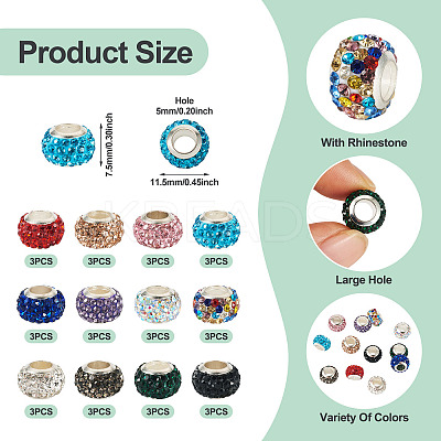 36Pcs 12 Colors Alloy Clay Pave Rhinestone European Beads ALRI-TA0001-30-1
