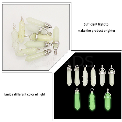 9Pcs 9 Styles Synthetic Luminous Stone Double Terminal Pointed Pendants G-CA0001-72-1