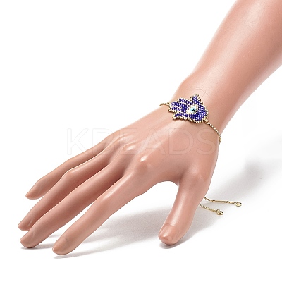 Glass Seed Braided Hamsa Hand with Evil Eye Link Slider Bracelet BJEW-MZ00004-1