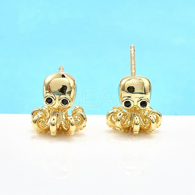 Octopus Brass Micro Pave Cubic Zirconia Stud Earrings LS-EJEW-H157-02G-1