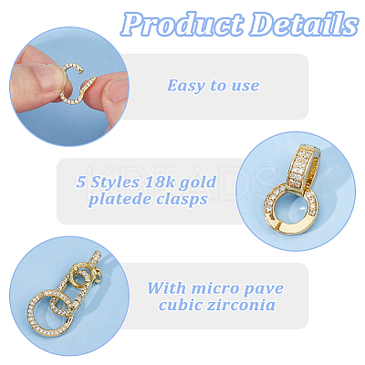 10Pcs 5 Styles Brass Micro Pave Clear Cubic Zirconia Twister Clasps ZIRC-HS0001-20-1