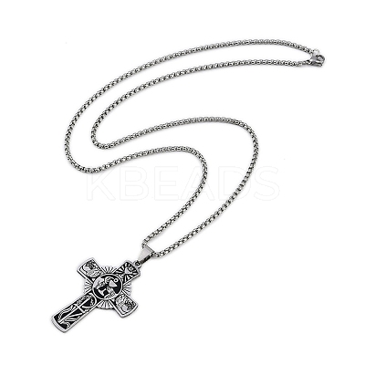 201 Stainless Steel Eucharist Holy Communion Cross Pendant Box Chain Necklaces NJEW-M010-04P-1