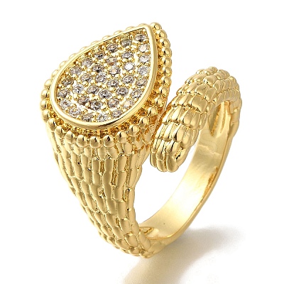 Rack Plating Teardrop Brass Clear Cubic Zirconia Open Cuff Rings RJEW-S411-19G-1