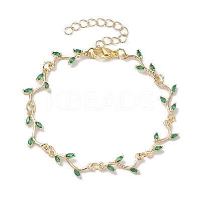 Brass Pave Green Cubic Zirconia Branch Links Bracelets for Women BJEW-JB10261-1