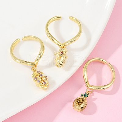 Fruit Theme Brass Micro Pave Cubic Zirconia Open Cuff Rings for Women RJEW-U057-07G-1