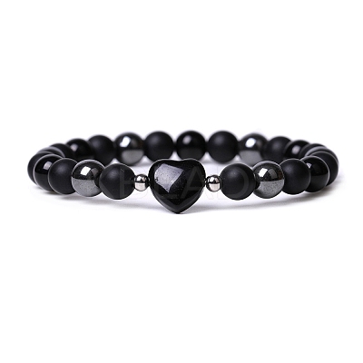 Natural Obsidian Heart Beaded Stretch Bracelet PW-WG70241-01-1