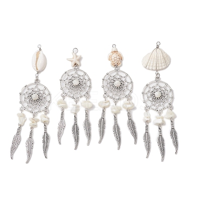 4Pcs 4 Styles Natural Shell & Synthetic Turquoise & Alloy Woven Web/Net with Feather Big Pendants PALLOY-JF03444-1