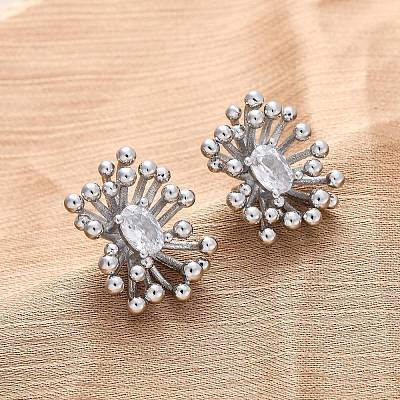 Flower Brass Clear Cubic Zirconia Stud Earrings EJEW-R025-22P-1