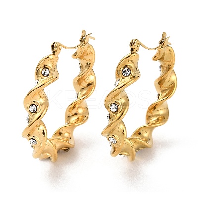 Ion Plating(IP) 304 Stainless Steel Twist Round Hoop Earrings with Rhinestones for Women EJEW-A104-20G-1