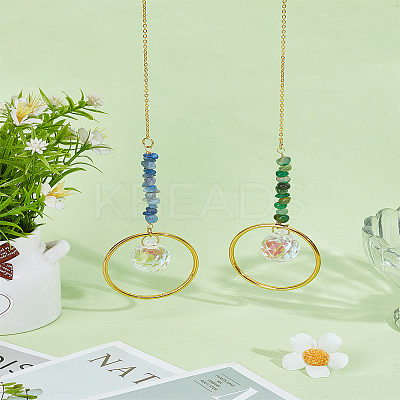 2Pcs Round Glass & Natural Green Onyx Agate and Blue Aventurine Chips Hanging Suncatchers HJEW-LP00075-1