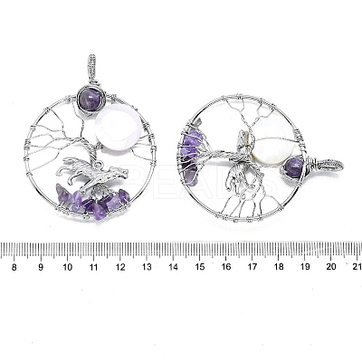 Natural Amethyst and White Shell Copper Wire Wrapped Big Pendants G-K404-01P-1