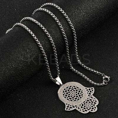 201 Stainless Steel Hollow Religion Hamsa Hand Pendant Necklaces NJEW-M086-01P-1