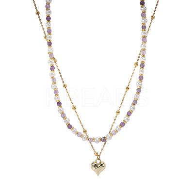 304 Stainless Steel Heart Pendant White Faux Pearl and Natural Amethyst Faceted Round Beaded Double Layer Necklaces for Women JN5423-1-1