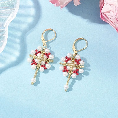 Flower with Cross 304 Stainless Steel Earrings Glass Seeds Leverback Earrings EJEW-MZ00507-02-1