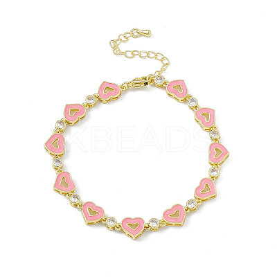 Pink Enamel Heart & Cubic Zirconia Link Chain Bracelet BJEW-P288-14G-1