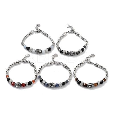 Buddha Head Natural Mixed Gemstone Faceted Beaded Bracelets with 201 Stainless Steel Lobster Claw Clasps BJEW-Q334-10-1