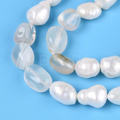 Natural Cherry Blossom Agate Nuggets & Natural Cultured Freshwater Pearl Beads Strands PEAR-N023-01A-05-1