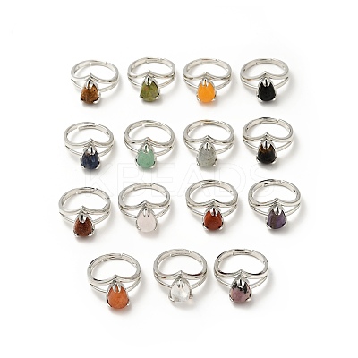 Gemstone Teardrop Adjustable Rings RJEW-G264-01P-1